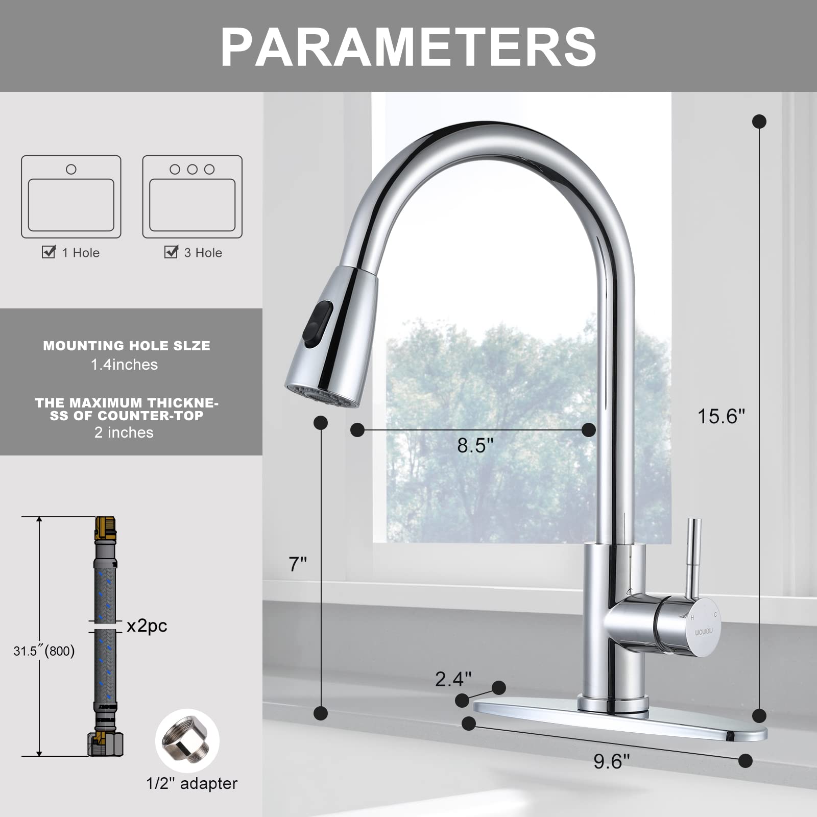 Chrome Kitchen Faucet with Sprayer  WOWOW Pull Down Kitchen Sink Faucet Stainless Steel Utility Sink Faucet with Deck Plate  Kitchen Tap for RV  Laundry  Bar